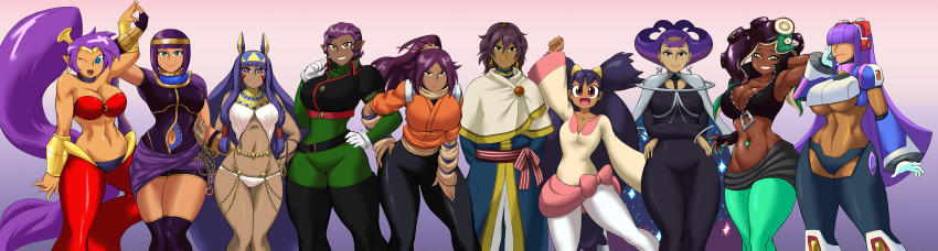 1boy, 6+girls, abs, absurdres, ancient_egyptian_clothes, android, animal_ears, arabian_clothes, arm_up, armpits, asymmetrical_hair, black_dress, black_leggings, bleach, blue_eyes, blunt_bangs, bob_cut, bodysuit, boots, bracer, breasts, brown_eyes, cape, choker, cleavage, closed_mouth, clothing_cutout, collarbone, cowboy_shot, crossed_arms, dark_skin, dress, earrings, fate/grand_order, fate_(series), fingerless_gloves, gloves, gradient_background, gradient_hair, green_eyes, green_hair, green_legwear, grin, hair_ornament, hair_over_eyes, hair_tubes, headset, high_ponytail, highres, hoop_earrings, iris_(pokemon), jewelry, kuroshitsuji, kyelyn, large_breasts, layer_(mega_man), leaning_forward, leggings, lips, long_hair, long_sleeves, looking_at_viewer, marina_(splatoon), matching_hair/eyes, mega_man_(series), mega_man_x_(series), menat, midriff, mole, mole_under_eye, mole_under_mouth, multicolored_hair, multiple_girls, narrow_waist, navel, navel_cutout, navel_piercing, nintendo, nitocris_(fate), nitocris_(fate/grand_order), nitocris_(swimsuit_assassin)_(fate), o-ring, o-ring_top, octoling, olympia_(pokemon), one_eye_closed, open_mouth, pantyhose, parted_bangs, piercing, pink_background, pokemon, pokemon_black_and_white, ponytail, purple_background, purple_eyes, purple_hair, red_eyes, shantae, shantae_(series), shihouin_yoruichi, short_sleeves, sidelocks, smile, soma_asman_kadar, spaceship_agga_ruter, splatoon_(series), splatoon_2, standing, star_(symbol), star_earrings, street_fighter, tentacle_hair, thigh_boots, thighhighs, thighs, tongue, twintails, two-tone_background, two-tone_hair, underboob, unusual_pupils, very_long_hair, vest, white_gloves, wink