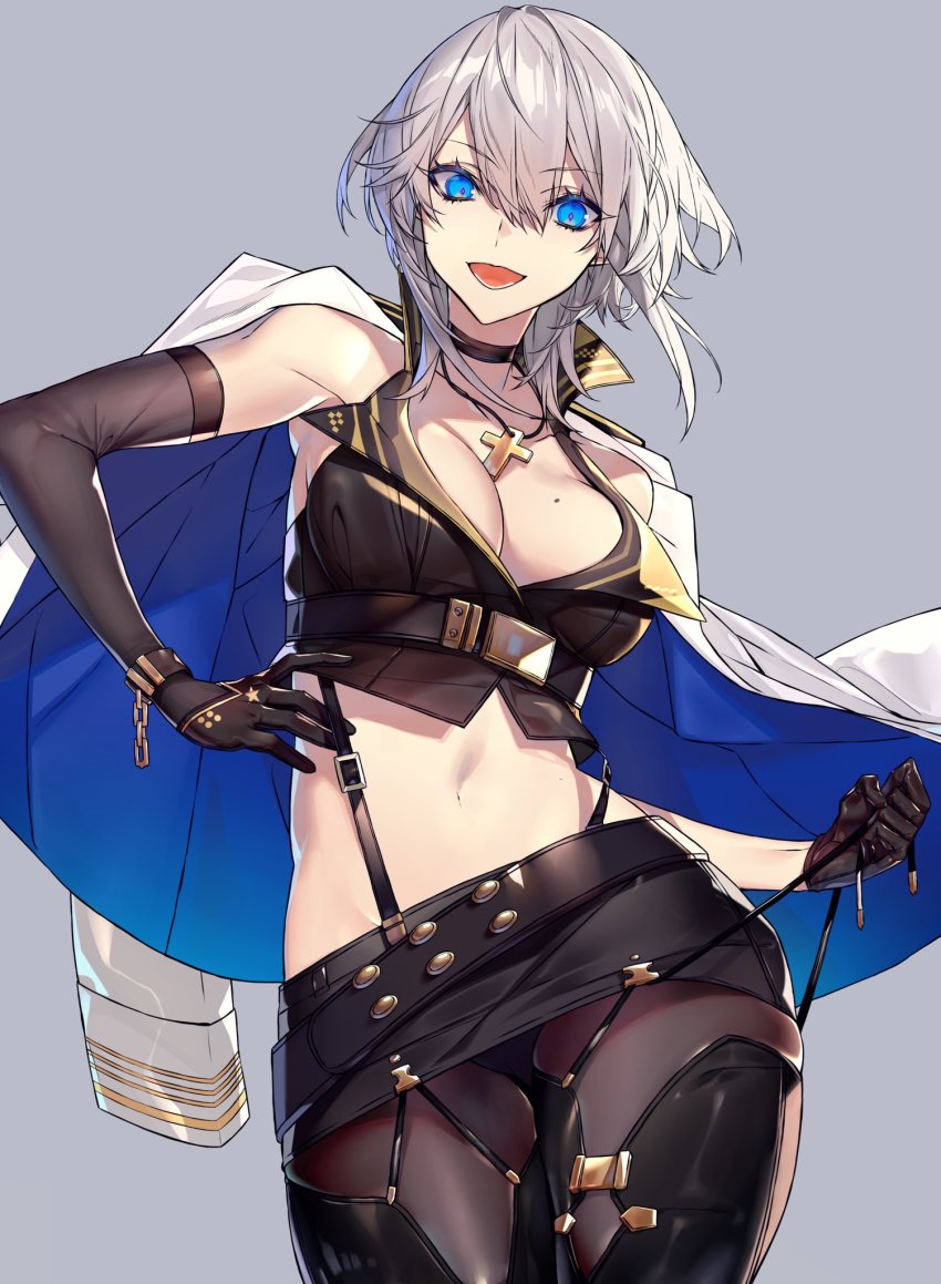 1girl, azur_lane, belt, blue_eyes, bracelet, breasts, chain, cleavage, elbow_gloves, female_focus, gloves, grey_background, groin, hair_between_eyes, highres, hoe-l, jacket, jacket_on_shoulders, jewelry, large_breasts, looking_at_viewer, midriff, mole, mole_on_breast, navel, necklace, open_mouth, pantyhose, pantyhose_under_shorts, popped_collar, rosary, short_hair, shorts, silver_hair, skirt, smile, solo, suspenders, washington_(azur_lane)