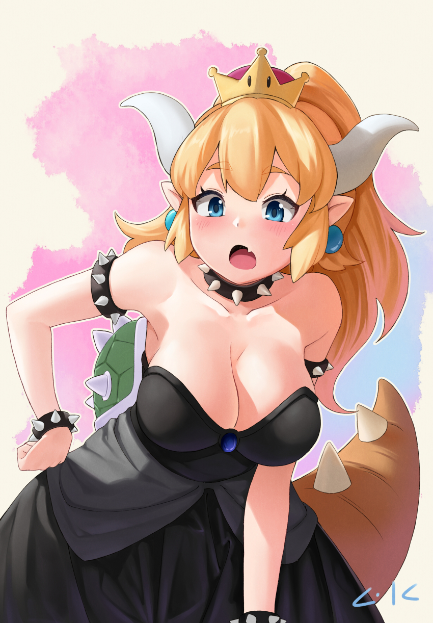 1girl, absurdres, armlet, black_collar, black_dress, blonde_hair, blue_eyes, blush, bowsette, bracelet, breasts, cleavage, collar, crown, dress, earrings, fang, female_focus, hand_on_own_hip, highres, horns, jewelry, large_breasts, lkqyan, long_hair, looking_at_viewer, mario_(series), new_super_mario_bros._u_deluxe, nintendo, open_mouth, signature, skin_fang, solo, spiked_armlet, spiked_bracelet, spiked_collar, spiked_shell, spiked_tail, spikes, strapless, strapless_dress, super_crown, tail, turtle_shell