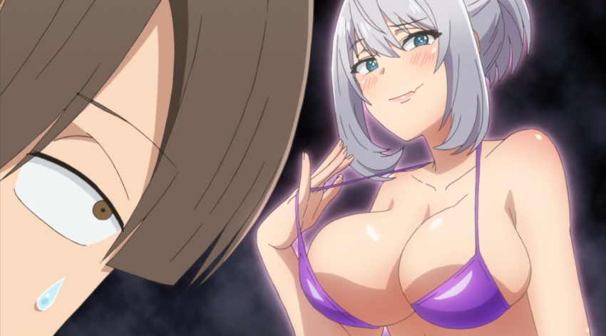 1boy, 1girl, anime_screenshot, assistant_(tejina_senpai), bikini, breasts, cleavage, fang, large_breasts, purple_bikini, smile, swimsuit, tejina_senpai, tejina_senpai_(series)