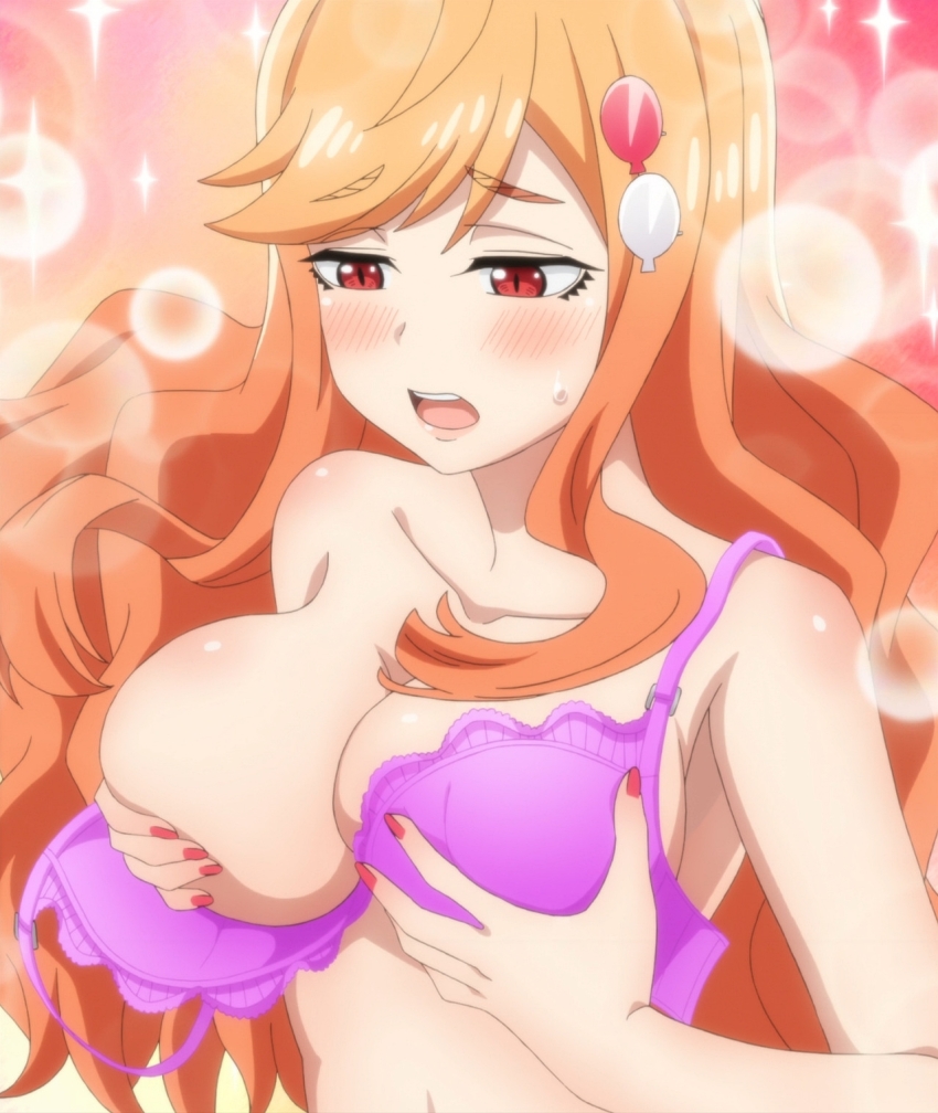 1girl, anime_screenshot, bra, breasts, cleavage, female_focus, grabbing_own_breast, highres, large_breasts, nail_polish, orange_hair, purple_bra, red_eyes, saki-chan_(tejina_senpai), solo, stitched, tejina_senpai_(series), third-party_edit, underwear, upper_body
