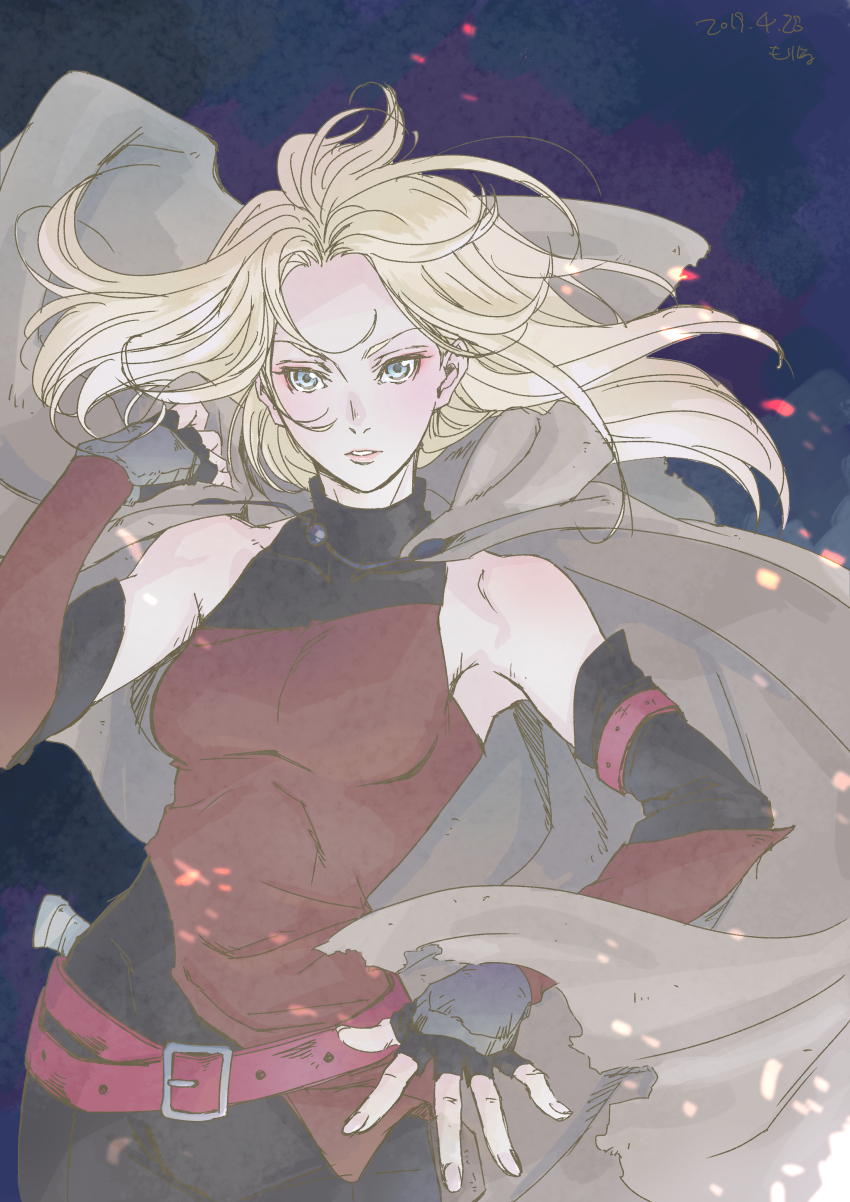 absurdres, armband, bad_id, bad_pixiv_id, belt, black_gloves, blonde_hair, blue_background