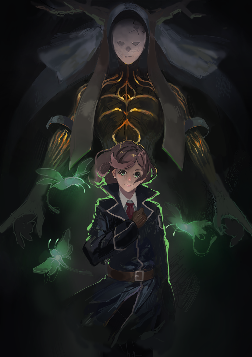 1girl, 1other, ash_clad, belt, black_background, brown_gloves, brown_hair, clenched_hand