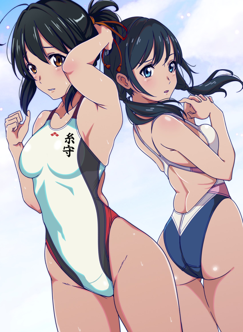2girls, absurdres, ahoge, aiuti, amano_hina_(tenki_no_ko), ass, black_hair, blue_eyes, blue_one-piece_swimsuit, breasts, brown_eyes, clothes_writing, commentary_request, competition_swimsuit, cowboy_shot, creator_connection, crossover, dutch_angle, from_behind, hair_ribbon, highleg, highleg_one-piece_swimsuit, highres, indoors, kimi_no_na_wa., logo, long_hair, looking_to_the_side, miyamizu_mitsuha, multiple_girls, one-piece_swimsuit, own_hands_clasped, own_hands_together, ponytail, red_ribbon, ribbon, short_hair, short_ponytail, small_breasts, standing, swimsuit, tenki_no_ko, thigh_gap, twintails, white_one-piece_swimsuit