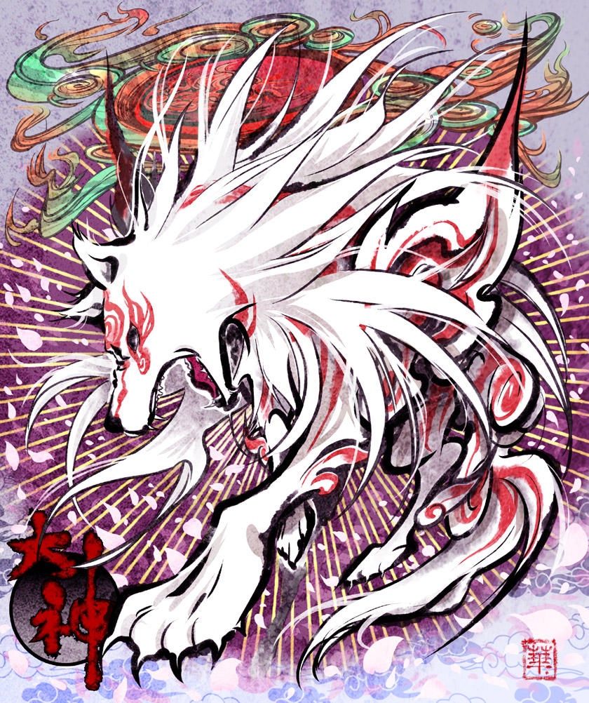 amaterasu_(ookami), animal, bad_id, bad_pixiv_id, bodypaint, claws, copyright_name, fire