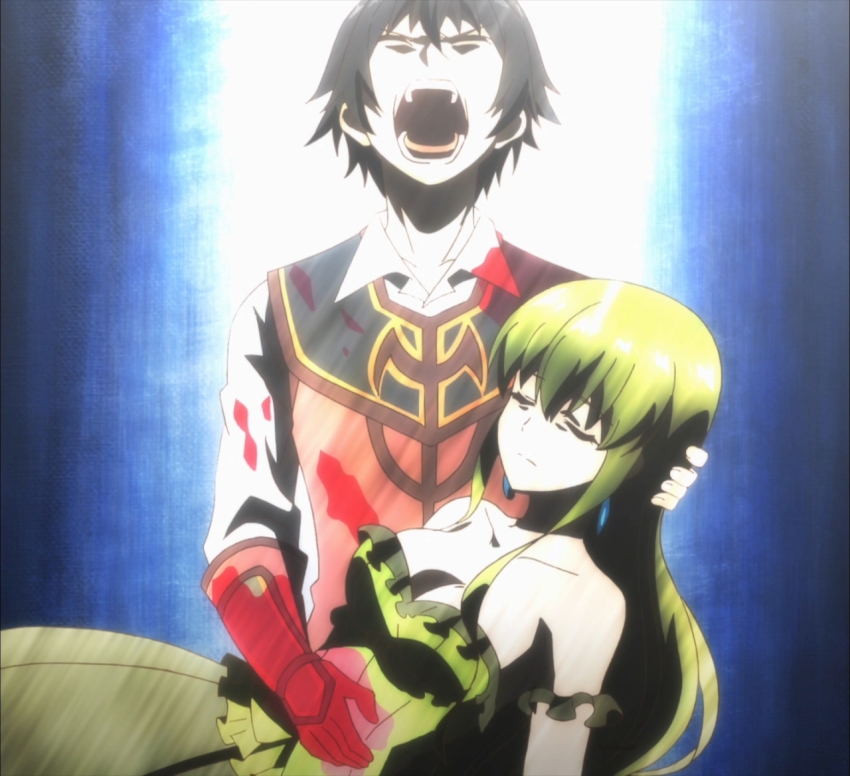 1boy, 1girl, anastasia_(isekai_cheat_magician), bare_shoulders, blood, breasts, cleavage, dress