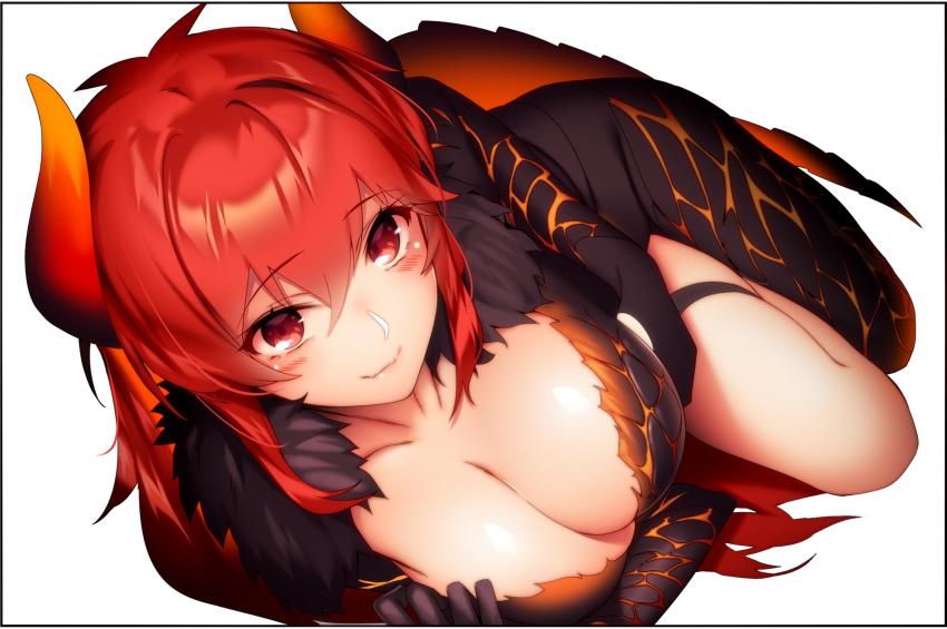 1girl, absurdres, black_border, blush, border, breasts, cleavage, closed_eyes, commentary, dola_(1st_costume)_(nijisanji), dola_(nijisanji), dragon_girl, dragon_horns, dragon_tail, female_focus, fur_trim, hair_between_eyes, highres, horns, large_breasts, long_hair, looking_at_viewer, lying, nijisanji, on_side, red_eyes, red_hair, ryuji_(ikeriu), scales, simple_background, skindentation, smile, solo, tail, thigh_strap, virtual_youtuber, white_background