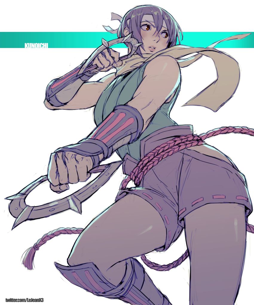 1girl, absurdres, arm_up, black_hair, commentary, commission, commissioner_upload, female_focus, highres, kage_no_densetsu, ninja, parted_lips, rejean_dubois, scarf, short_hair, solo, taito, weapon