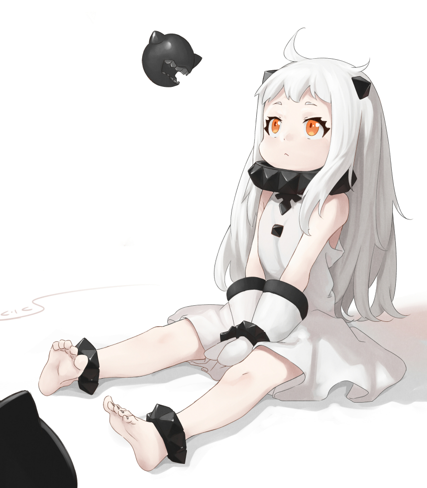 1girl, absurdres, abyssal_ship, ankle_cuffs, barefoot, collar, colored_skin, dress