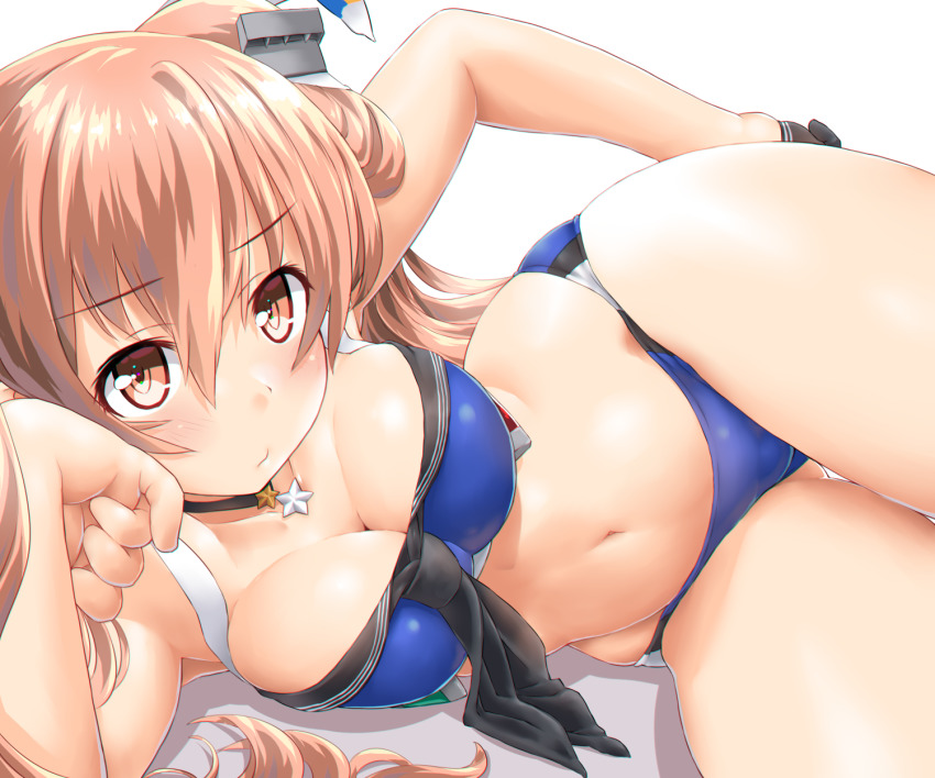1girl, ascot, bikini, black_gloves, blue_bikini, blush, breasts, brown_eyes