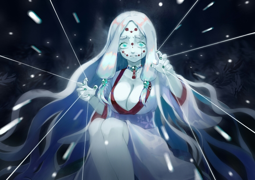 1girl, breasts, cleavage, colored_skin, dmwggg, facial_mark, female_focus, floral_print, green_eyes, green_nails, hair_bobbles, hair_ornament, highres, japanese_clothes, jewelry, kimetsu_no_yaiba, kimono, large_breasts, legs_together, long_hair, looking_at_viewer, mother_spider_demon_(kimetsu_no_yaiba), nail_polish, necklace, obi, parted_bangs, pearl_necklace, sash, sidelocks, silver_hair, solo, string, thick_eyebrows, very_long_hair, white_skin