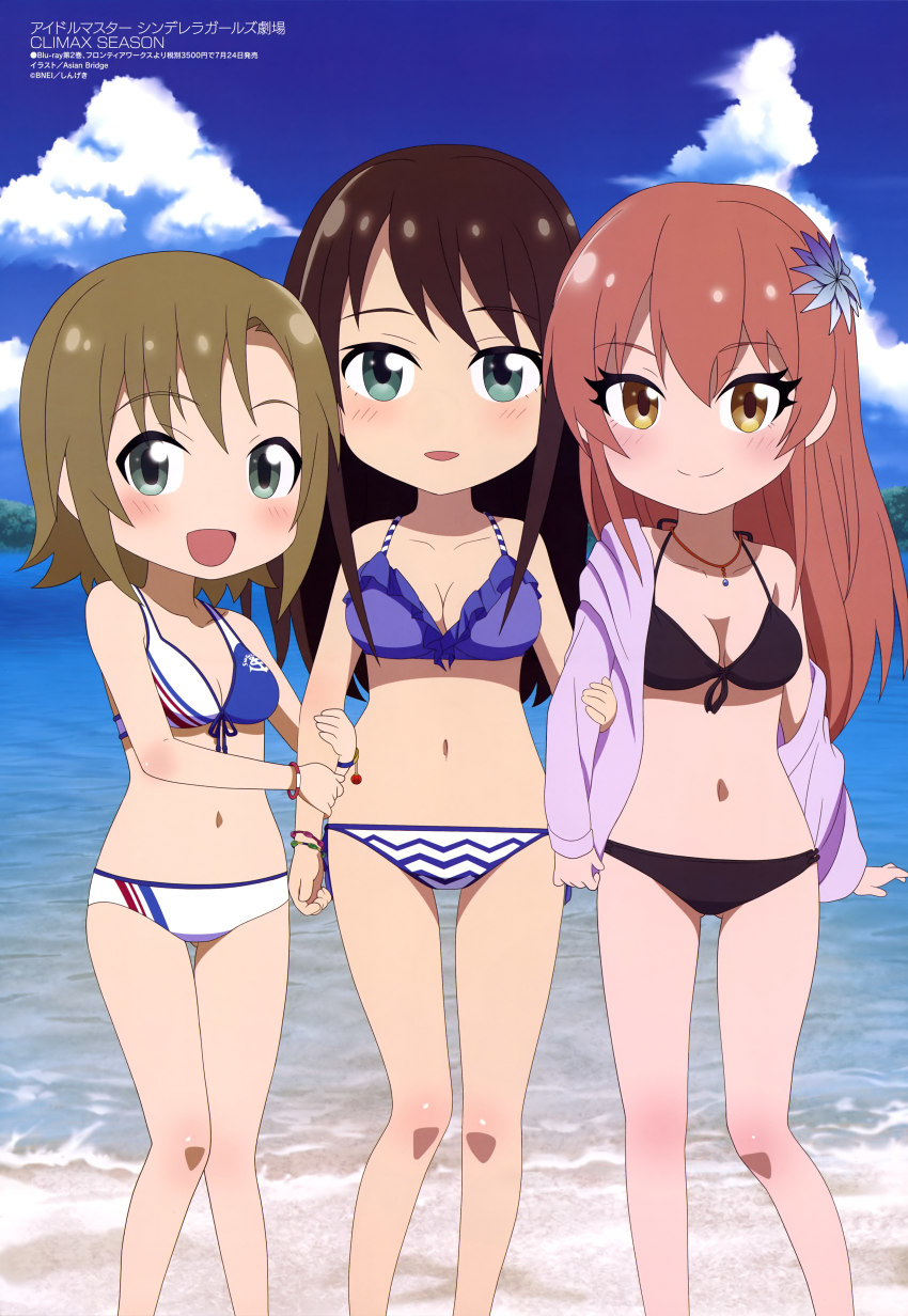 3girls, absurdres, asian_bridge, beach, bikini, blue_eyes, blush, breasts