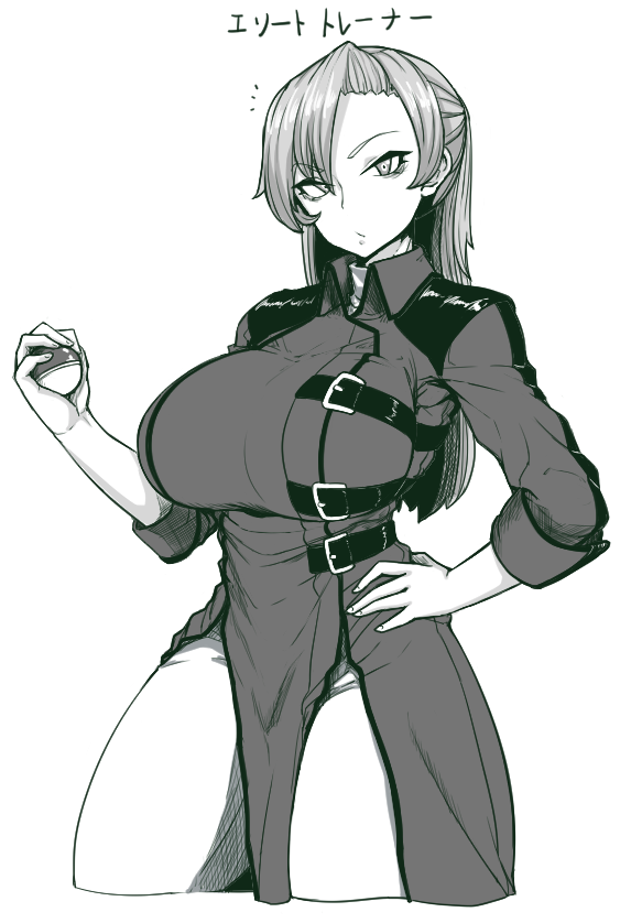 1girl, belt_buckle, breasts, buckle, closed_mouth, coach_trainer_(pokemon), collared_dress, cowboy_shot, cropped_legs, dress, exabyte_(parallax05), female_focus, half_updo, hand_on_own_hip, hand_up, head_tilt, high_collar, holding, holding_poke_ball, huge_breasts, impossible_clothes, impossible_dress, long_hair, looking_at_viewer, monochrome, nintendo, pelvic_curtain, poke_ball, poke_ball_(basic), pokemon, pokemon:_let's_go_pikachu!_and_let's_go_eevee!, simple_background, sleeves_rolled_up, solo, strap, thighs, three-quarter_sleeves, translation_request, turtleneck, v-shaped_eyebrows, white_background