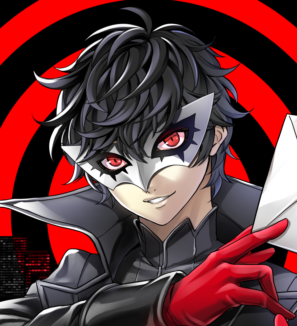 1boy, amamiya_ren, black_hair, coat, gloves, grey_coat, grin, holding, holding_letter, joker_(persona_5), letter, looking_at_viewer, male_focus, mask, nakoshe, persona, persona_5, portrait, red_eyes, red_gloves, smile, solo