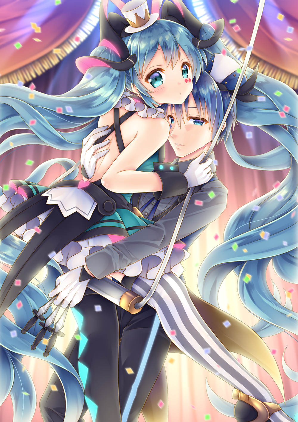 1boy, 1girl, absurdly_long_hair, aqua_eyes, aqua_hair, asymmetrical_legwear, black_pants, blue_eyes