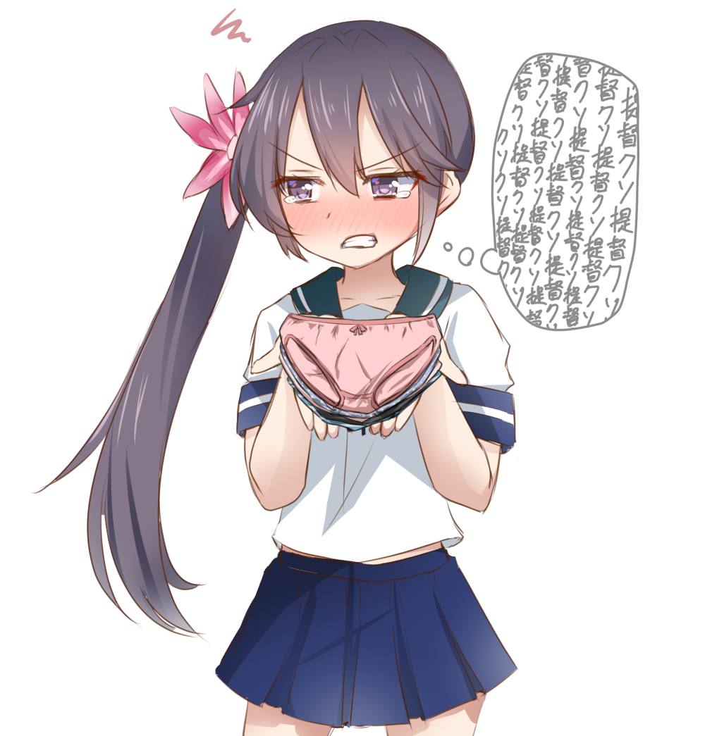 1girl, akebono_(kancolle), black_hair, black_panties, blue_skirt, blush, bow, bow_panties, clenched_teeth, collarbone, dot_nose, embarrassed, feet_out_of_frame, female_focus, flower, hair_between_eyes, hair_flower, hair_ornament, holding, holding_panties, holding_underwear, holding_unworn_clothes, humiliation, kantai_collection, long_hair, looking_at_viewer, looking_to_the_side, nose_blush, panties, pink_bow, pink_panties, pleated_skirt, presenting, presenting_removed_panties, purple_eyes, sailor_collar, school_uniform, scowl, serafuku, shirt, shitty_admiral_(phrase), short_sleeves, side_ponytail, sidelocks, simple_background, skirt, solo, standing, striped_clothes, striped_panties, tearing_up, tears, teeth, tori_(minamopa), translated, underwear, unworn_panties, v-shaped_eyebrows, very_long_hair, white_background, white_panties, white_shirt