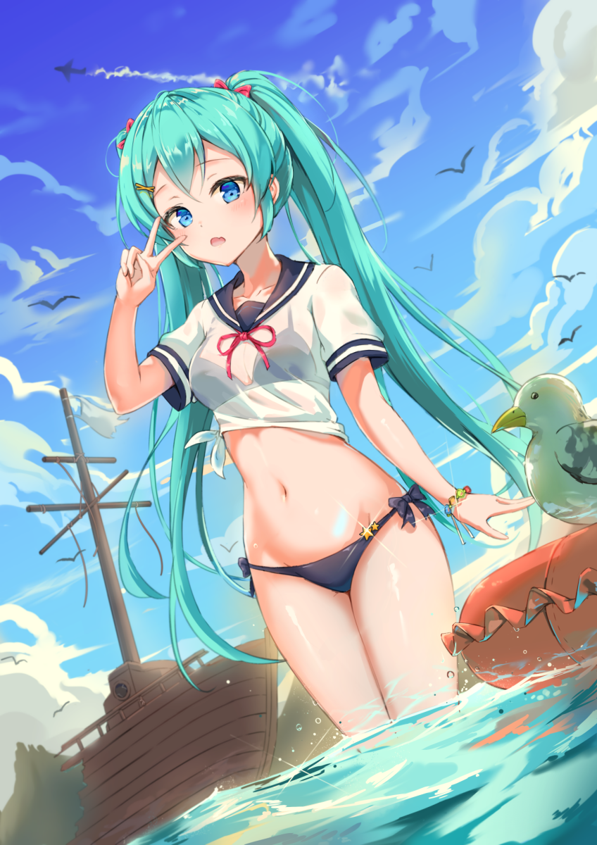 1girl, aircraft, airplane, aqua_hair, bikini, bikini_under_clothes, bird, black_bikini