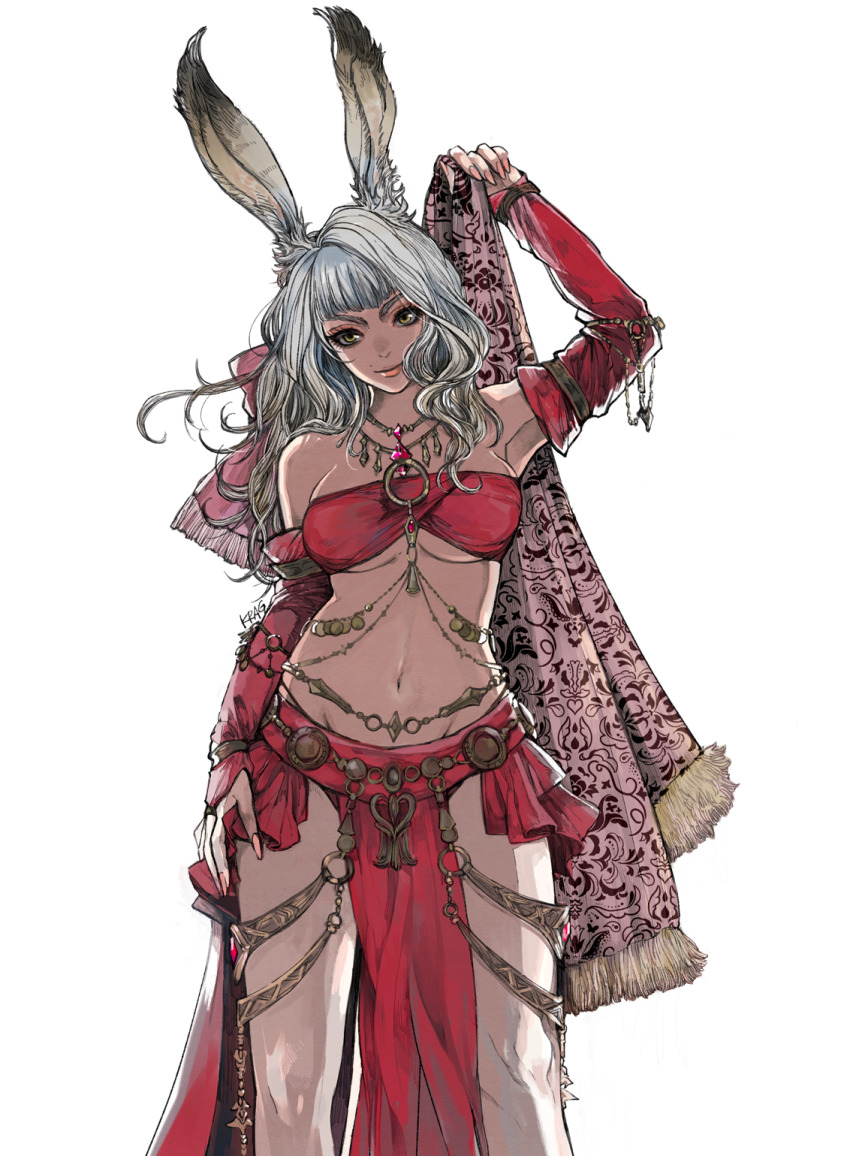 1girl, animal_ears, arm_at_side, arm_up, armpit_peek, bandeau, bare_shoulders, breasts, closed_mouth, commentary_request, dancer_(final_fantasy), detached_sleeves, feet_out_of_frame, female_focus, fictional_persona, final_fantasy, final_fantasy_xiv, fingernails, gem, grey_hair, groin, head_tilt, highres, holding, jewelry, lips, long_fingernails, long_hair, looking_at_viewer, medium_breasts, midriff, nail_polish, navel, pelvic_curtain, pink_nails, rabbit_ears, simple_background, smile, solo, standing, stomach, strapless, underboob, viera, warrior_of_light_(ff14), white_background, yellow_eyes, yum0811
