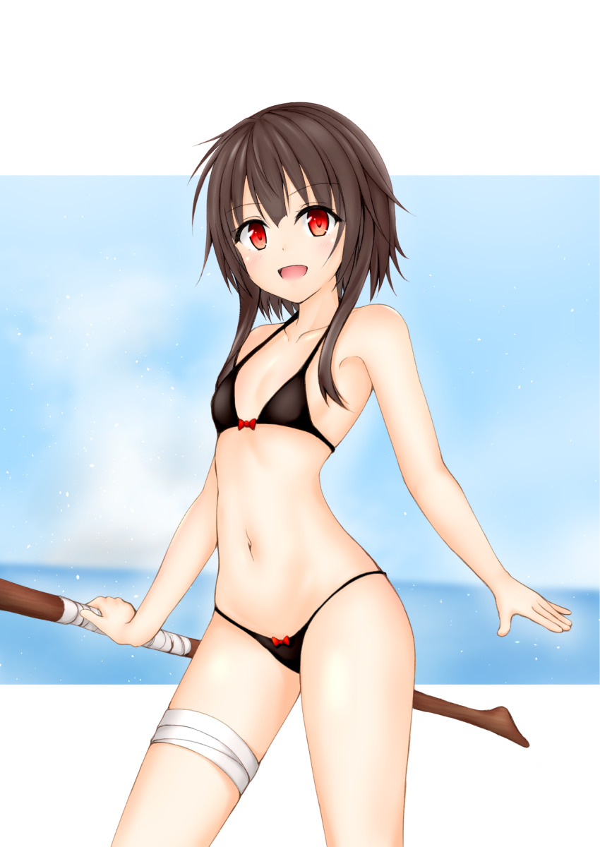 1girl, bandaged_leg, bandages, bare_arms, bare_shoulders, bikini, black_bikini, blush, breasts, brown_hair, commentary_request, female_focus, highres, holding, holding_staff, kono_subarashii_sekai_ni_shukufuku_wo!, kuronuketaiyo, looking_at_viewer, megumin, navel, open_mouth, red_eyes, short_hair_with_long_locks, small_breasts, smile, solo, staff, swimsuit