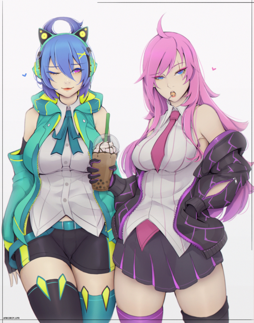 2girls, absurdres, ahoge, alternate_costume, alternate_hair_length, alternate_hairstyle, animal_ear_headphones, animal_ears