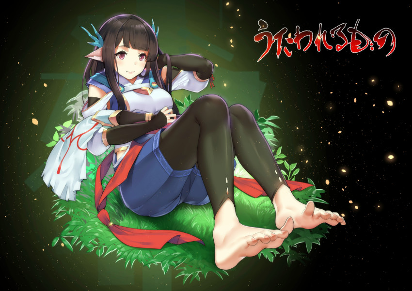 1girl, barefoot, black_hair, feet, highres, japanese_clothes, long_hair, minagi_(utawarerumono)