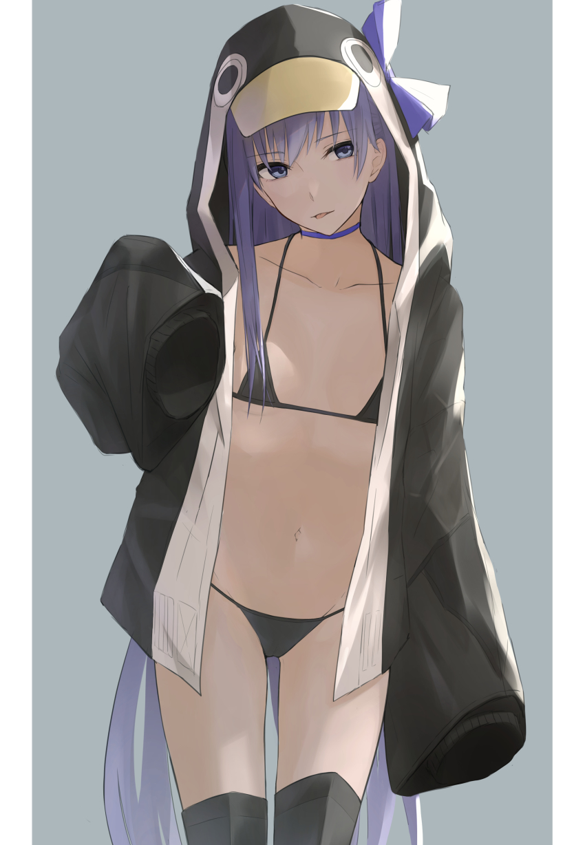 1girl, absurdres, animal_costume, animal_hood, bare_shoulders, bikini, black_bikini, blue_eyes