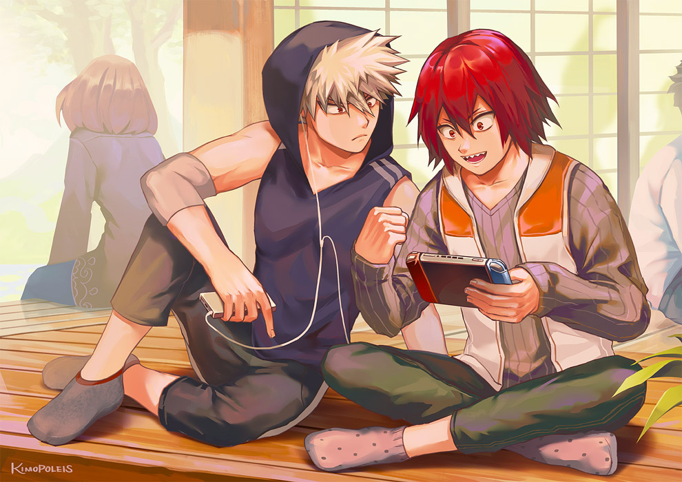 1girl, 3boys, alternate_hairstyle, artist_name, bakugou_katsuki, blonde_hair, blue_hoodie, boku_no_hero_academia, commentary, hair_between_eyes, handheld_game_console, holding, holding_handheld_game_console, hood, hoodie, ipod, kimopoleis, kirishima_eijirou, long_sleeves, mp3_player, multiple_boys, muscular, nintendo_switch, pants, pink_legwear, red_eyes, red_hair, sharp_teeth, short_hair, sitting, sleeveless, sleeveless_hoodie, smile, socks, spiked_hair, striped_clothes, striped_sweater, sweater, teeth, tree, uraraka_ochako, v-shaped_eyebrows