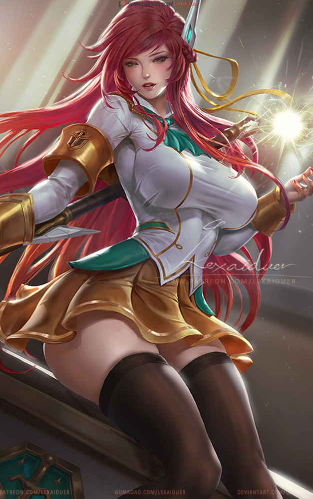 1girl, alternate_costume, armlet, battle_academia_lux, blouse, braid, breasts, collared_shirt, commentary, english_commentary, green_eyes, green_neckwear, hair_ornament, holding, holding_staff, indoors, jewelry, large_breasts, league_of_legends, lexaiduer, long_hair, long_sleeves, looking_at_viewer, lux_(league_of_legends), magic, parted_lips, pleated_skirt, prestige_battle_academia_lux, red_hair, ribbon, shirt, sitting, skin_tight, skirt, staff, swept_bangs, taut_clothes, taut_shirt, thighhighs, thighs, white_shirt, wrist_cuffs, yellow_ribbon, yellow_skirt