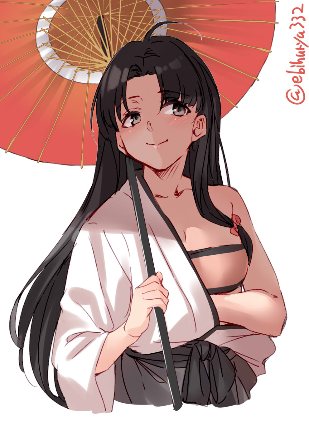 1girl, apron, black_hair, black_skirt, blush, breasts, brown_eyes, closed_mouth, ebifurya, female_focus, hadanugi_dousa, highres, japanese_clothes, kantai_collection, kappougi, kimono, large_breasts, long_hair, low-tied_long_hair, oil-paper_umbrella, open_clothes, open_kimono, pleated_skirt, shouhou_(kancolle), shouhou_(rainy_season)_(kancolle), simple_background, skirt, smile, solo, tasuki, twitter_username, umbrella, white_background