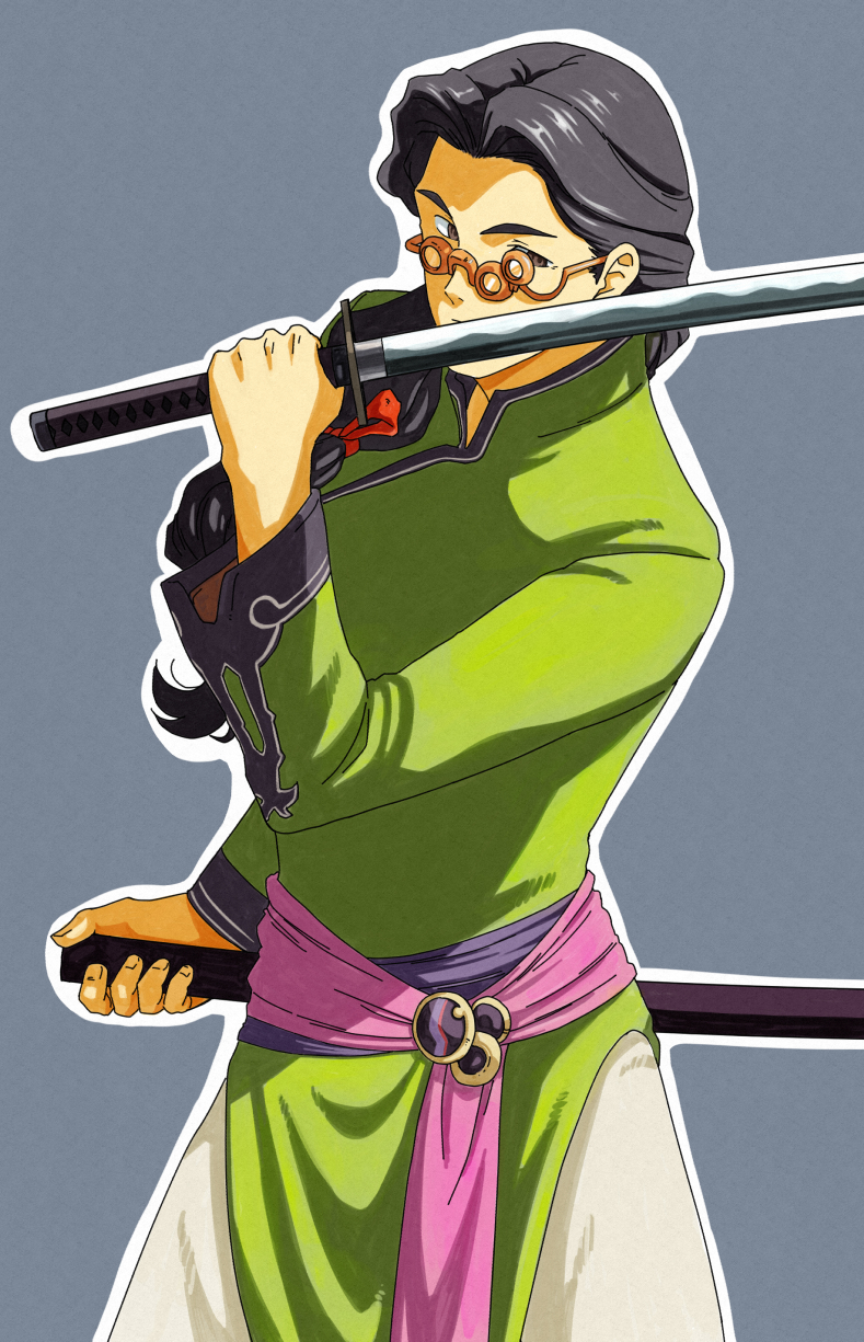 1boy, bad_id, bad_pixiv_id, black_hair, bow, citan_uzuki, glasses, grey_background