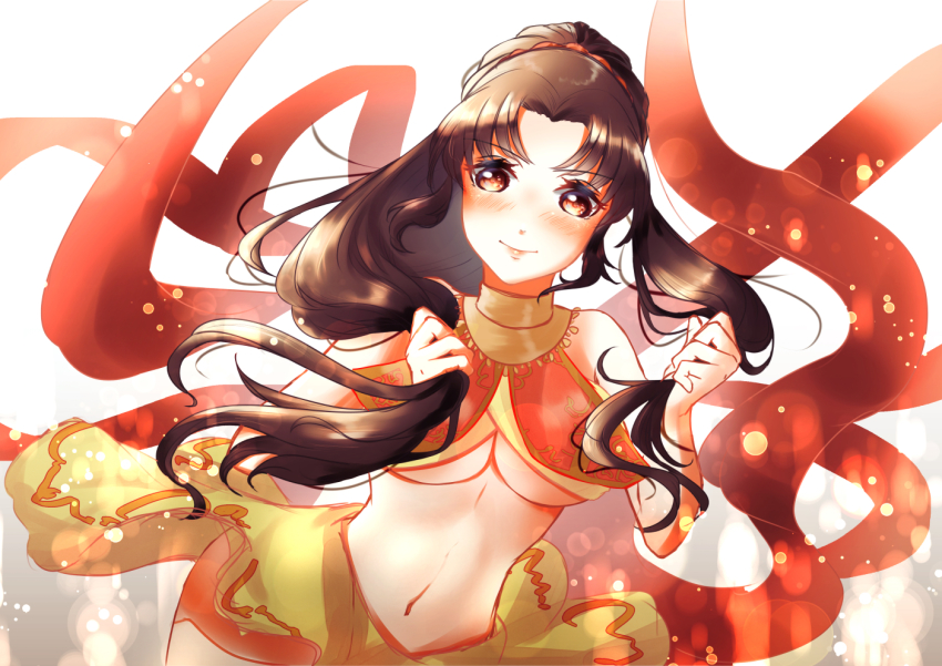 1girl, blush, breasts, brown_eyes, brown_hair, cleavage, dancer, female_focus