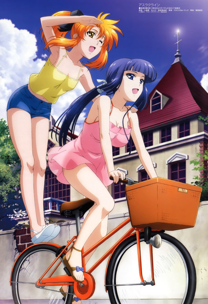 00s, 2girls, :d, ;d, absurdres, arm_support, armpits, asura_cryin', bare_legs, bicycle, black_ribbon, blue_eyes, blue_hair, blue_sky, blunt_bangs, bow, breasts, brown_eyes, building, camisole, casual, cloud, day, denim, denim_shorts, dress, footwear_bow, full_body, hair_ribbon, highres, komori_atsushi, long_hair, medium_breasts, megami_magazine, minakami_misao, multiple_girls, multiple_riders, no_bra, no_socks, non-web_source, official_art, one_eye_closed, open_mouth, orange_hair, outdoors, pink_dress, ponytail, ribbon, riding, sandals, shading_eyes, shoes, short_dress, short_hair, short_shorts, shorts, sidelocks, sky, small_breasts, smile, spaghetti_strap, standing, takatsuki_kanade, tree, wall, watermark, window, wink