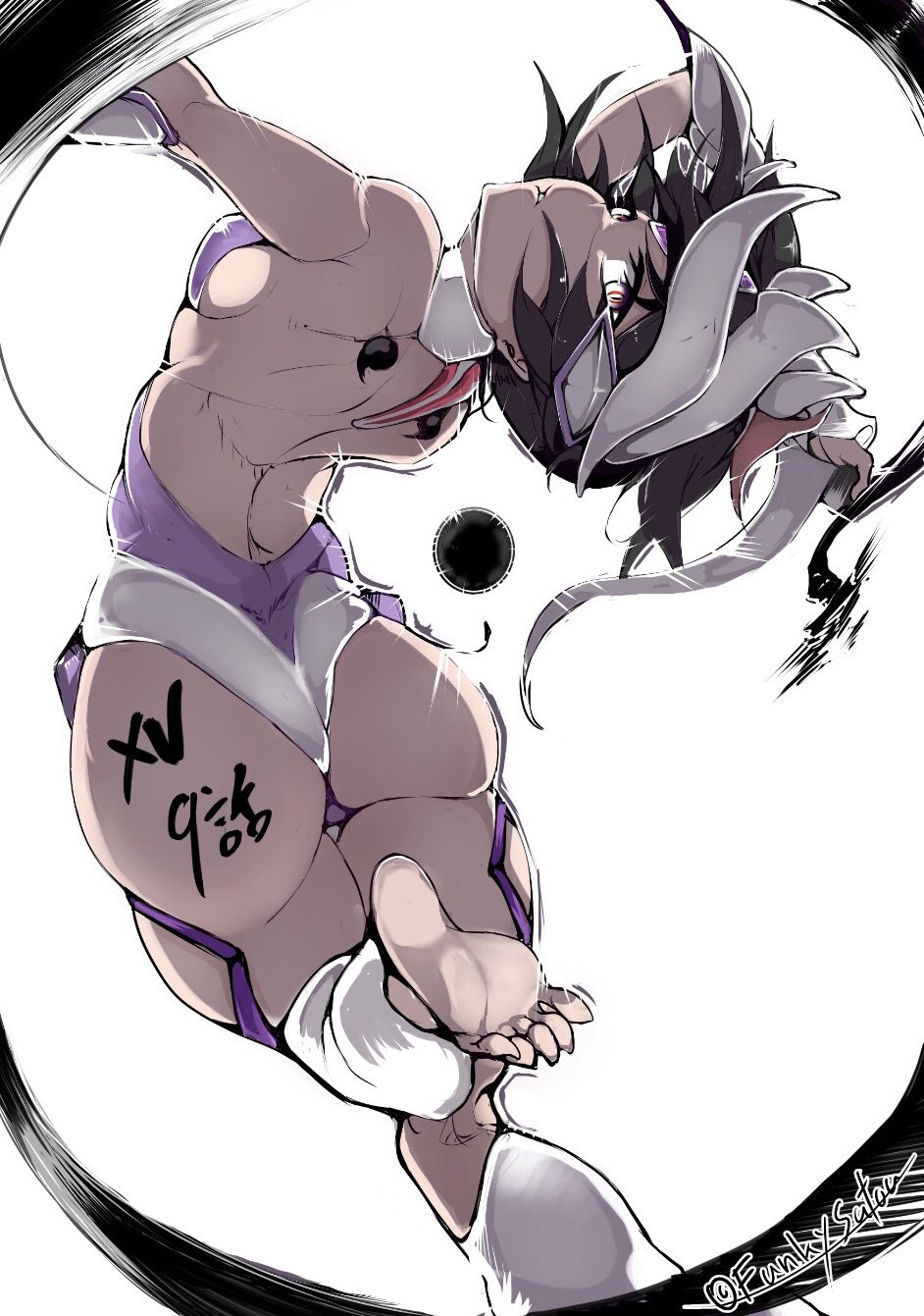 1girl, ass, back, backless_outfit, bare_shoulders, barefoot, body_writing, breasts