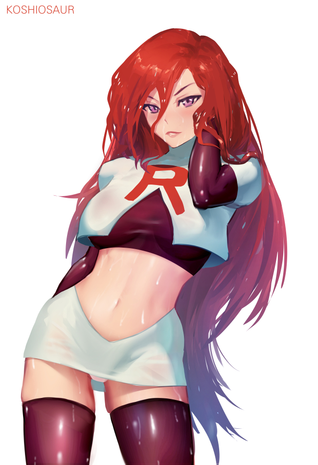 1girl, alternate_hairstyle, artist_name, bad_id, bad_pixiv_id, big_hair, black_shirt, black_thighhighs