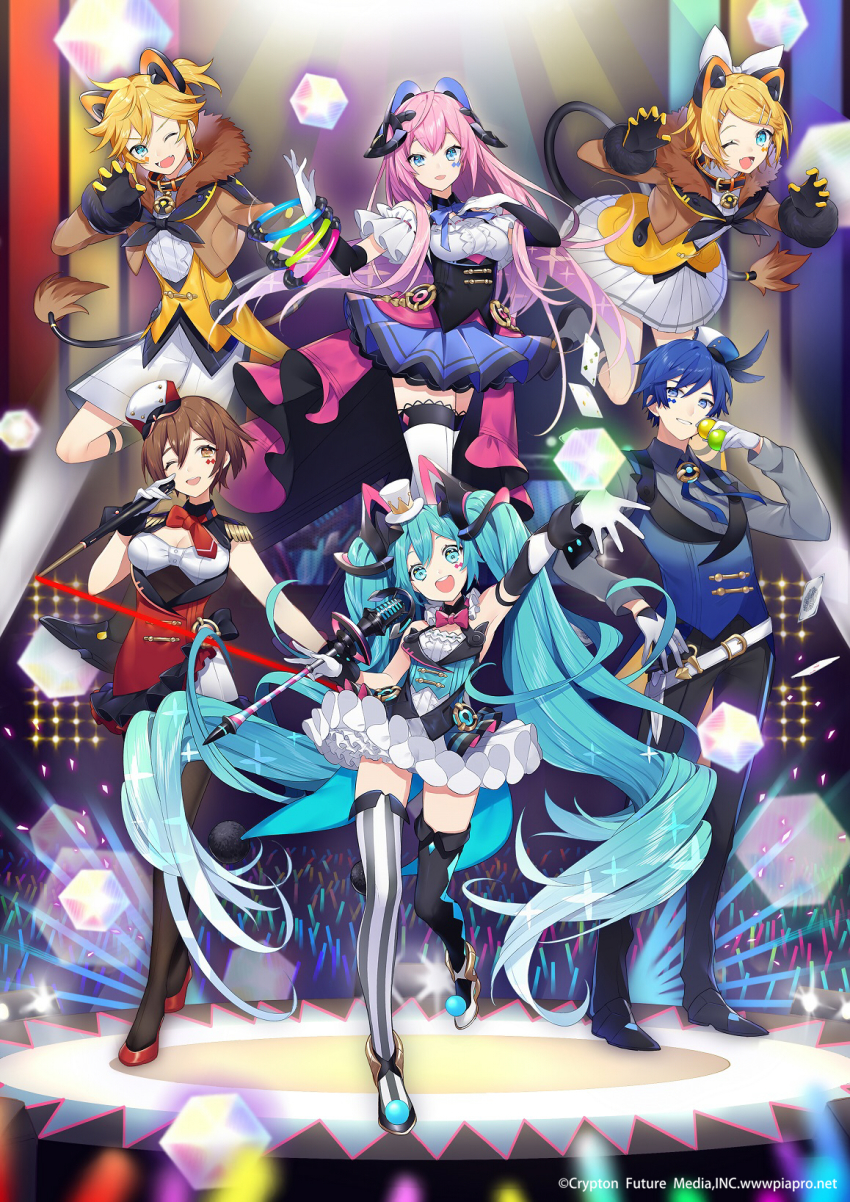 2boys, 4girls, ;d, animal_ears, asymmetrical_legwear, bare_shoulders, belt, belt_buckle