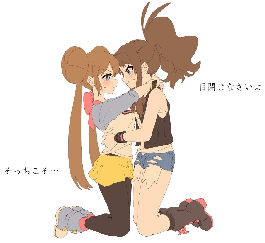 2girls, ankea_(a-ramo-do), arms_around_another's_waist, arms_behind_back, arms_behind_head, black_legwear, black_vest, blue_eyes, blush, breasts, brown_hair, couple, cutoffs, denim, denim_shorts, highres, hilda_(pokemon), hug, imminent_kiss, kiss, kneeling, large_breasts, legs, long_hair, looking_at_another, medium_breasts, multiple_girls, nintendo, open_mouth, pantyhose, pokemon, pokemon_black_and_white, pokemon_black_2_and_white_2, rosa_(pokemon), shorts, shy, simple_background, smile, sweat, thighs, torso_grab, vest, waist_hold, waist_hug, yellow_shorts, yuri