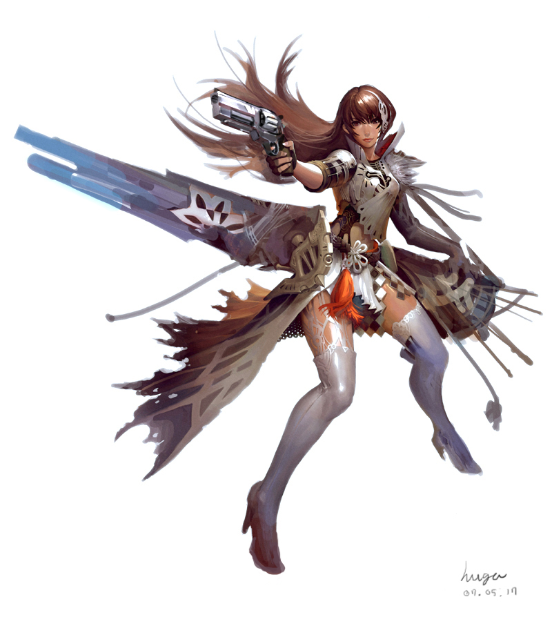 1girl, aiming, boots, brown_hair, female_focus, florensia, gun, handgun