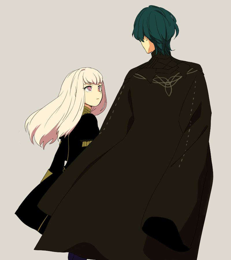 1boy, 1girl, black_cape, blue_hair, male_byleth_(fire_emblem), cape, closed_mouth, fire_emblem, fire_emblem:_three_houses, from_behind, grey_background, long_hair, long_sleeves, looking_to_the_side, lysithea_von_ordelia, nintendo, pink_eyes, saichi_(meme+), short_hair, simple_background, white_hair