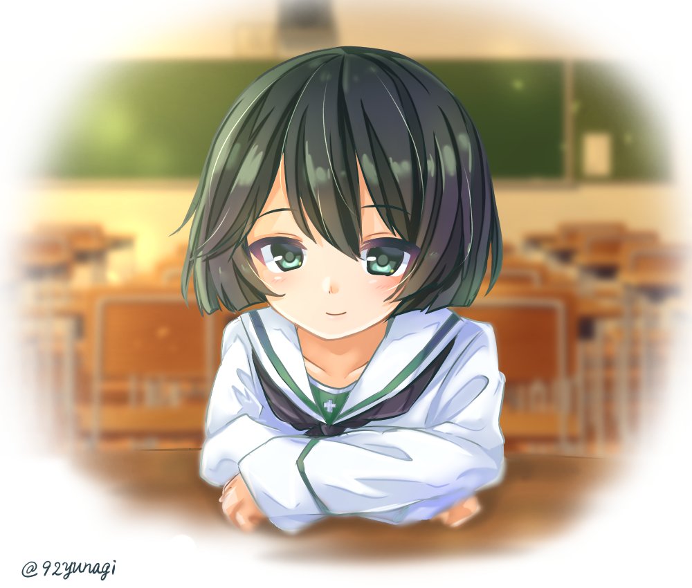 1girl, black_eyes, black_hair, black_neckerchief, blouse, blurry, blurry_background, chair