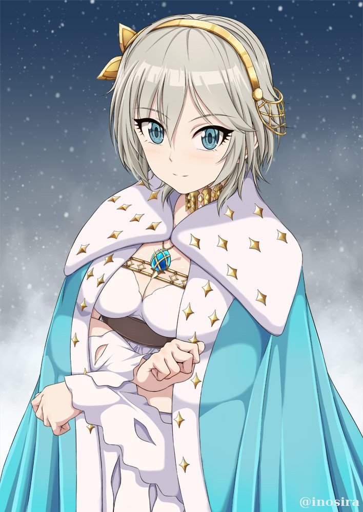 1girl, anastasia_(fate), anastasia_(fate)_(cosplay), anastasia_(idolmaster), aqua_cape, blue_eyes, breasts, cape