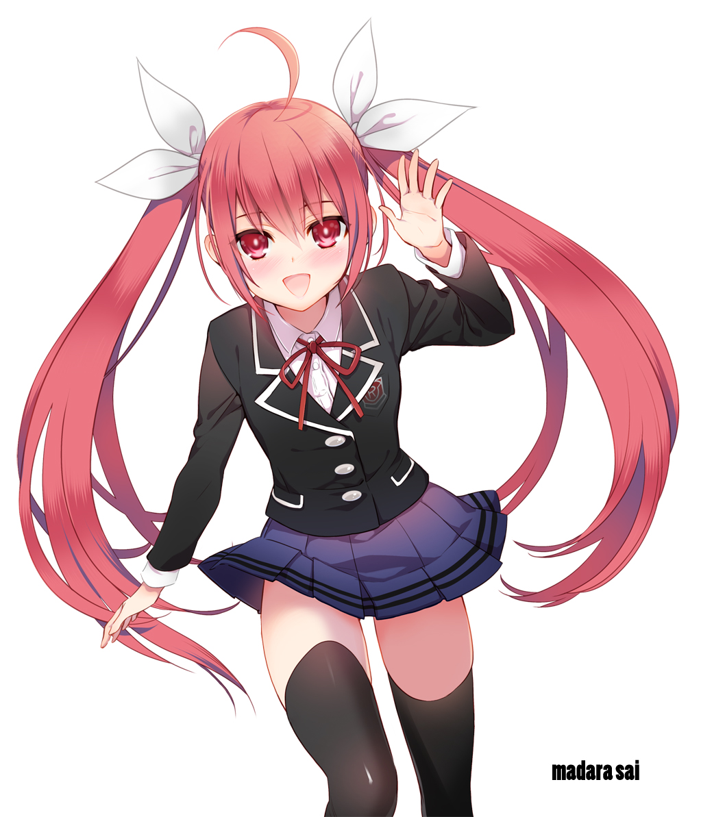 1girl, :d, ahoge, artist_name, black_jacket, black_thighhighs, blue_skirt, bow