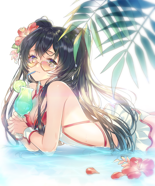 1girl, alternate_costume, bare_shoulders, black_hair, blue_eyes, breasts, cleavage, closed_mouth, cup, detached_sleeves, drink, drinking_glass, drinking_straw, female_focus, flower, food, frills, fruit, glasses, hair_flower, hair_ornament, heart, heart-shaped_eyewear, hibiscus, holding, holding_drink, king's_raid, leaf, lime_(fruit), lime_slice, long_hair, looking_at_viewer, lying, mediana, medium_breasts, on_stomach, one-piece_swimsuit, partially_submerged, plant, red_one-piece_swimsuit, solo, ss_hh_bb, swimsuit, white_one-piece_swimsuit