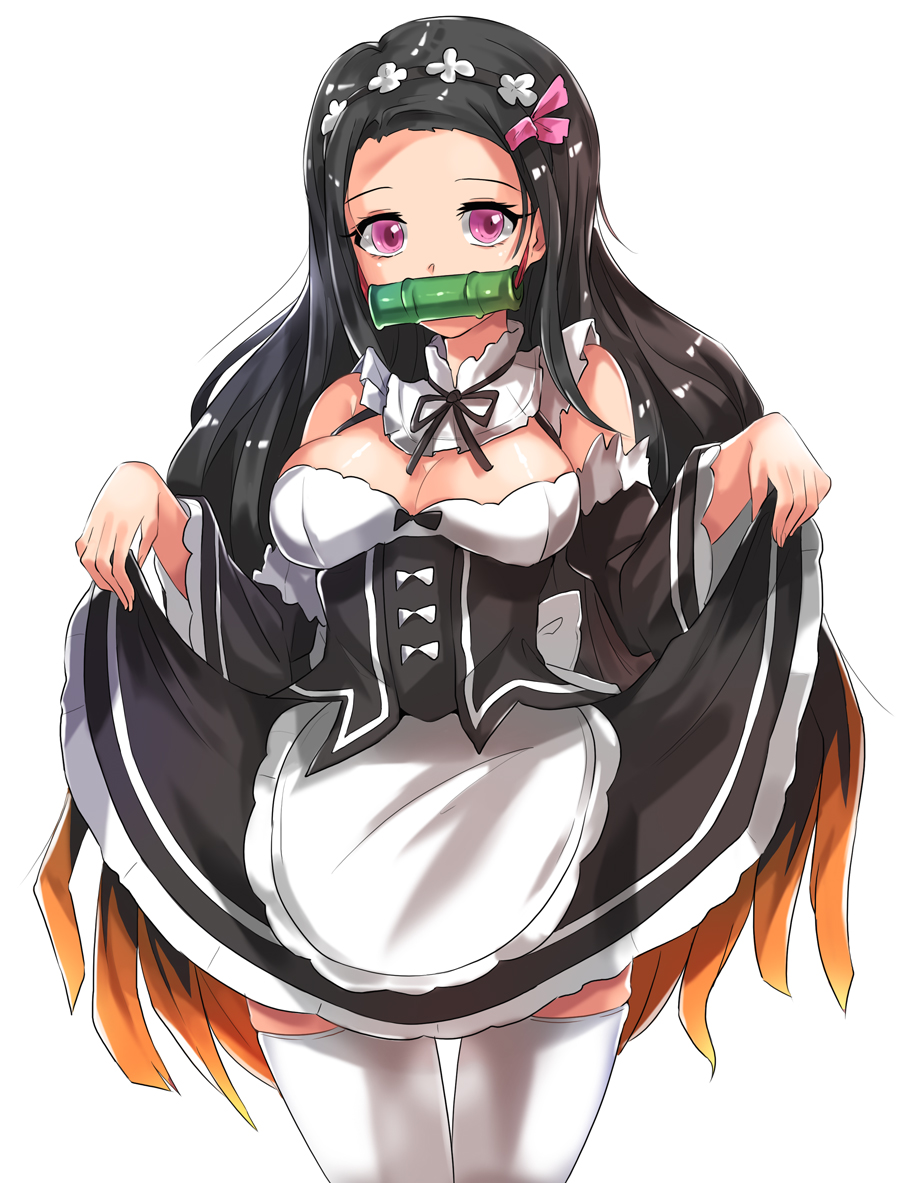 1girl, bad_id, bad_pixiv_id, bamboo, bit_gag, black_hair, black_ribbon, blush, breasts, brown_hair, cleavage, commentary_request, cosplay, detached_sleeves, dkflkkldf, dress, female_focus, frills, gag, hair_ornament, hair_ribbon, kamado_nezuko, kimetsu_no_yaiba, large_breasts, long_hair, looking_at_viewer, maid, maid_headdress, mouth_hold, multicolored_hair, pink_eyes, pink_ribbon, re:zero_kara_hajimeru_isekai_seikatsu, ribbon, solo, thighhighs, very_long_hair, white_thighhighs