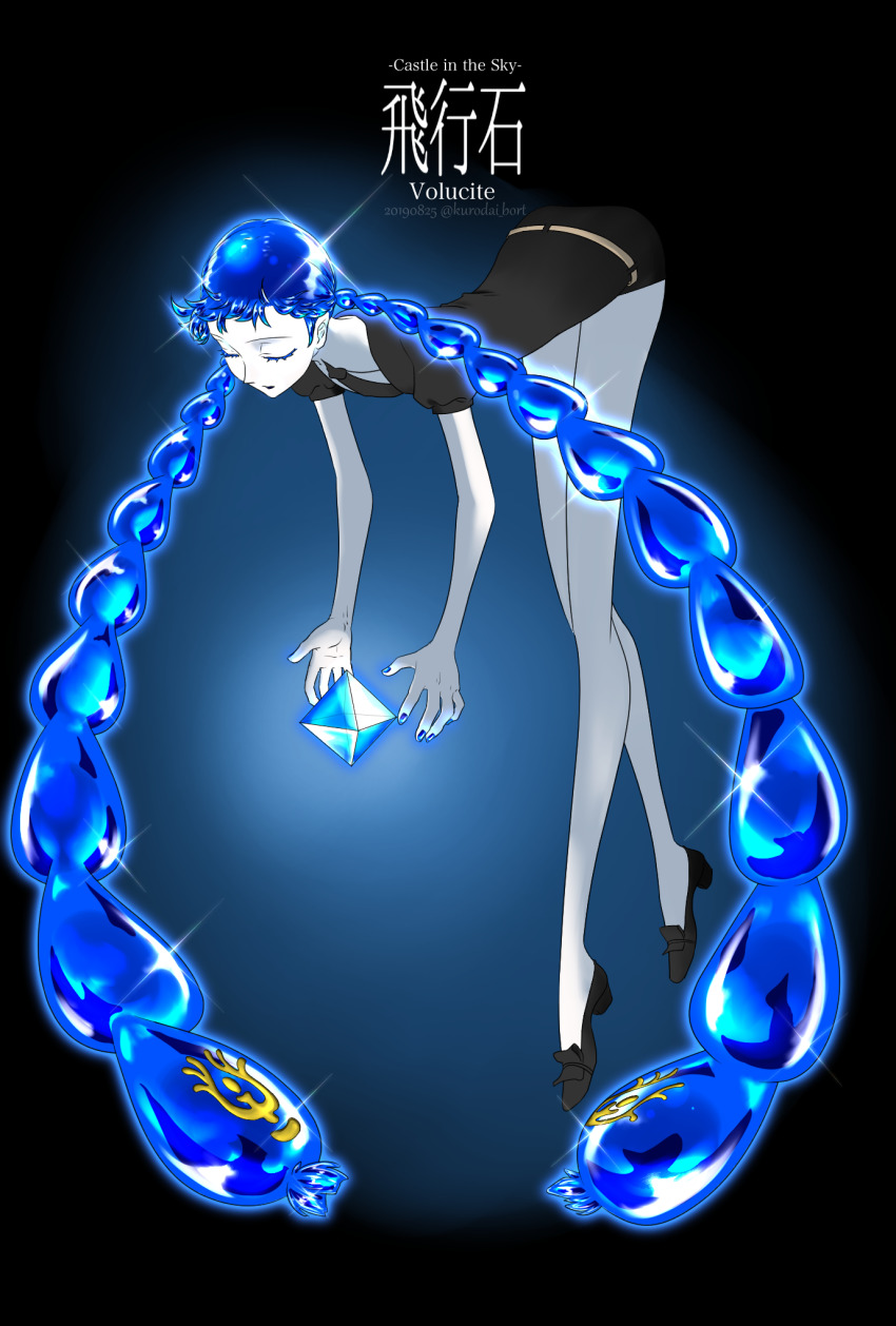 1other, bent_over, black_background, black_footwear, black_necktie, black_shorts, blue_hair, braid