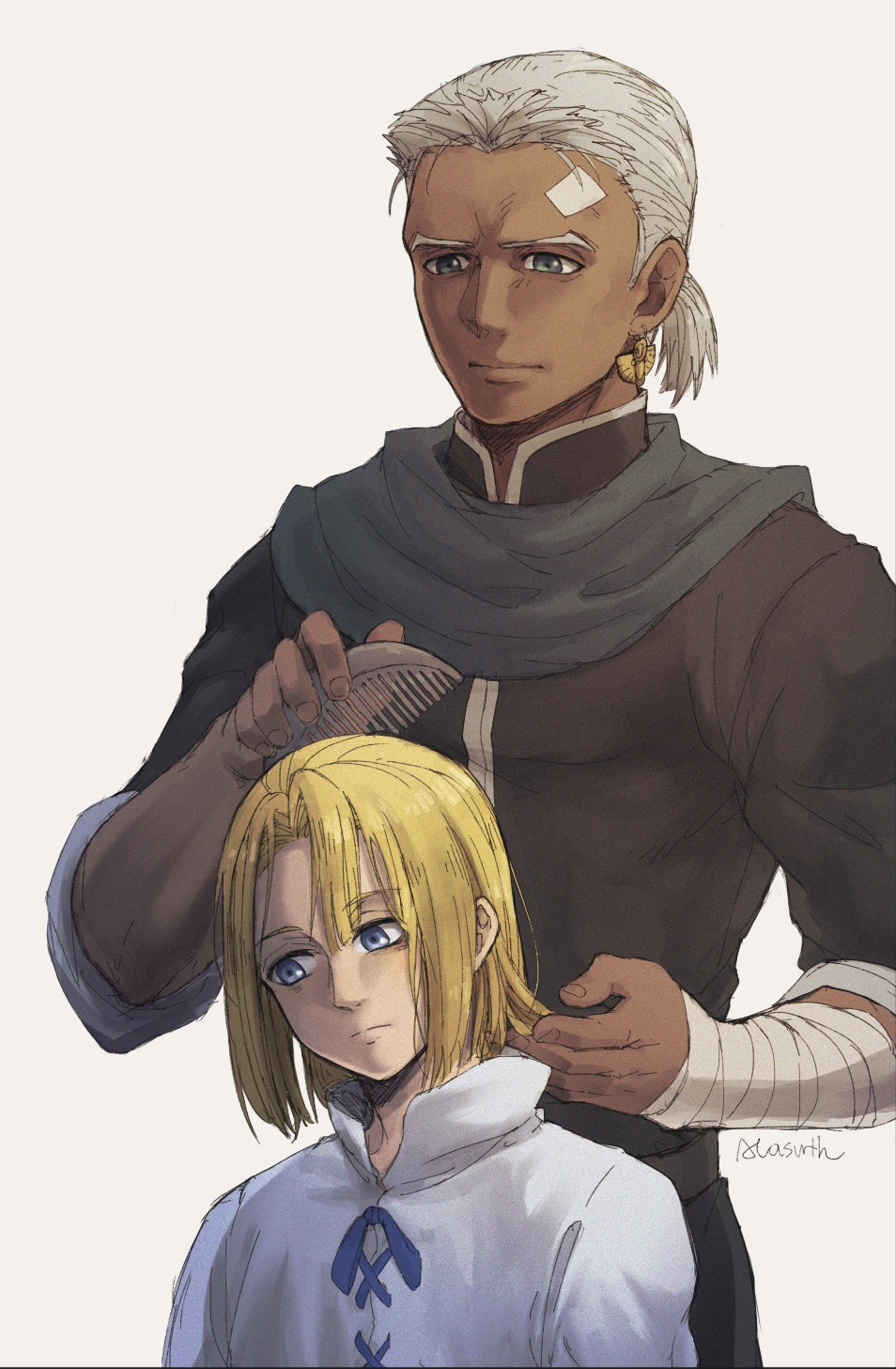 2boys, aged_down, artist_name, bandaged_arm, bandages, black_shirt, blonde_hair, blue_eyes