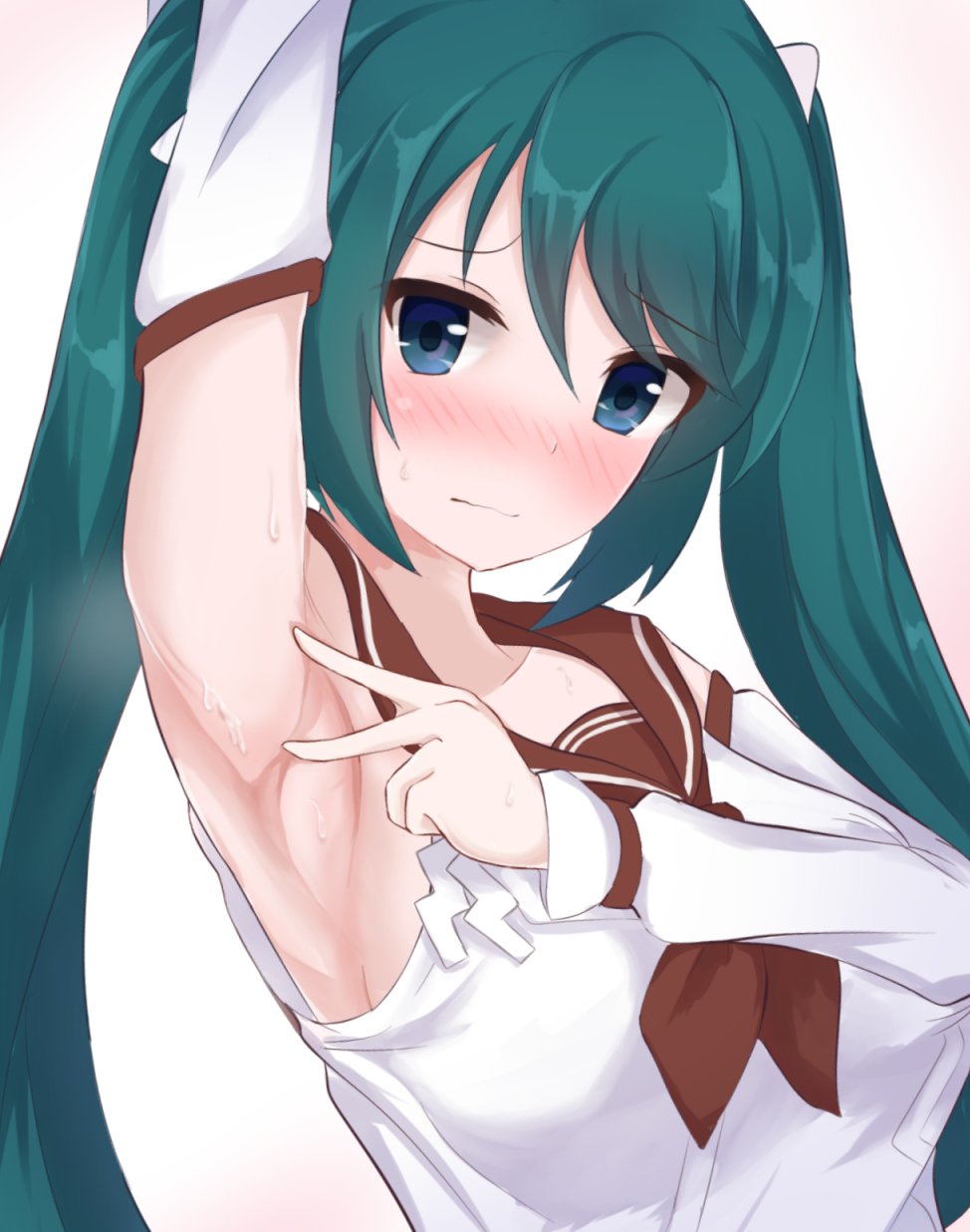 1girl, arm_up, armpit_peek, blue_eyes, commentary_request, detached_sleeves, female_focus, green_eyes