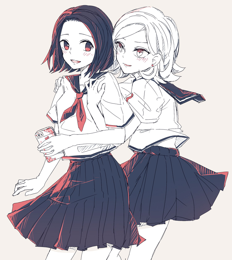 2girls, bad_id, bad_pixiv_id, blush, cellphone, flipped_hair, fuugetsu_hui_guo_rou, hug