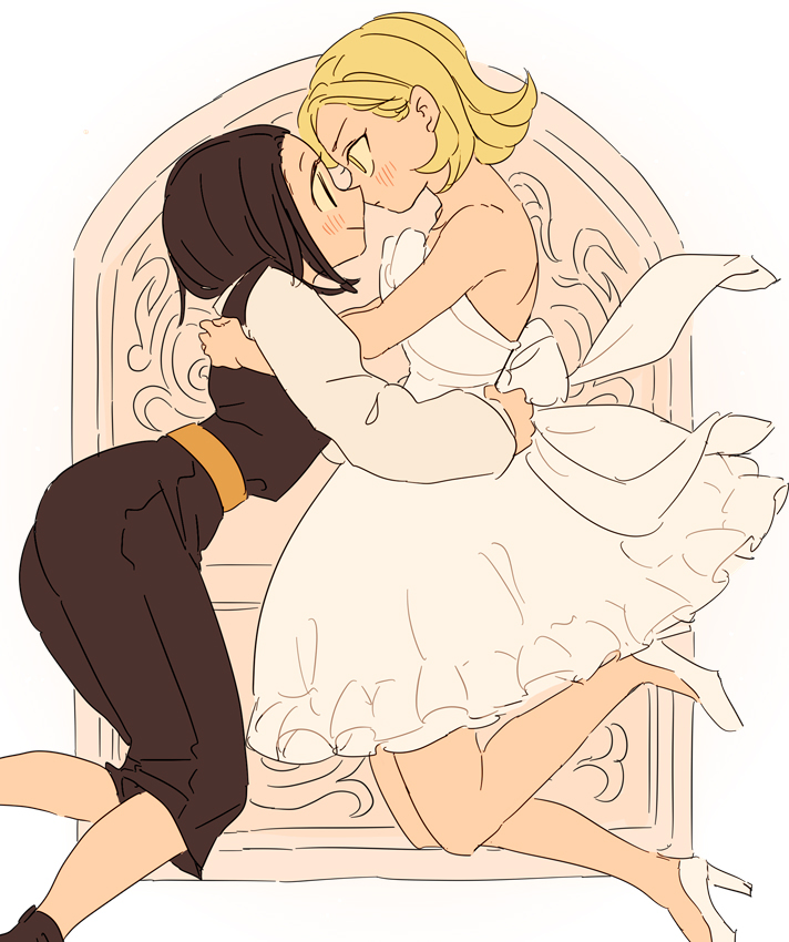 2girls, bad_id, bad_pixiv_id, bare_shoulders, blush, dress, flipped_hair, fuugetsu_hui_guo_rou, hug, hunter_x_hunter, kachou_hui_guo_rou, multiple_girls, nanzan, short_hair, siblings, sisters, smile, twins