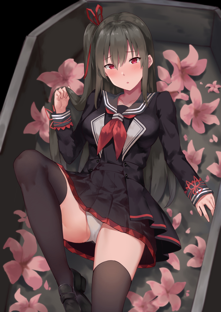 1girl, alternate_costume, alternate_hair_color, bad_id, bad_pixiv_id, black_hair, black_shirt, black_shoes, black_skirt, black_thighhighs, coffin, collarbone, female_focus, flower, hair_ribbon, jane_(king's_raid), king's_raid, knee_up, loafers, long_hair, long_sleeves, looking_at_viewer, lying, miniskirt, neckerchief, on_back, one_side_up, panties, parted_lips, petals, pink_flower, pleated_skirt, red_eyes, ribbon, sailor_collar, school_uniform, serafuku, shirt, shoes, sidelocks, skirt, solo, suzuame_yatsumi, thighhighs, underwear, white_panties, wing_collar