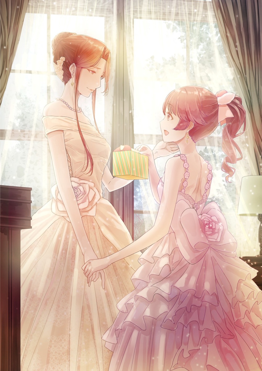 2girls, alternate_costume, back, bloom, bow, box, brown_eyes, brown_hair